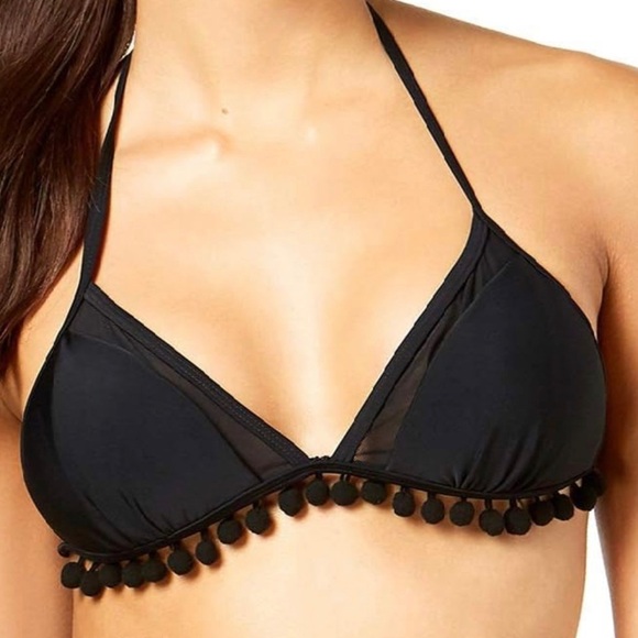NWT Hula Honey Halter Pom Pom Bikini Swim Top Black Size Small - Picture 1 of 13